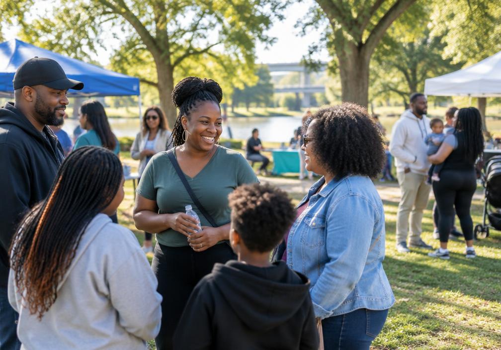 Families and neighbors connecting at an outdoor community gathering