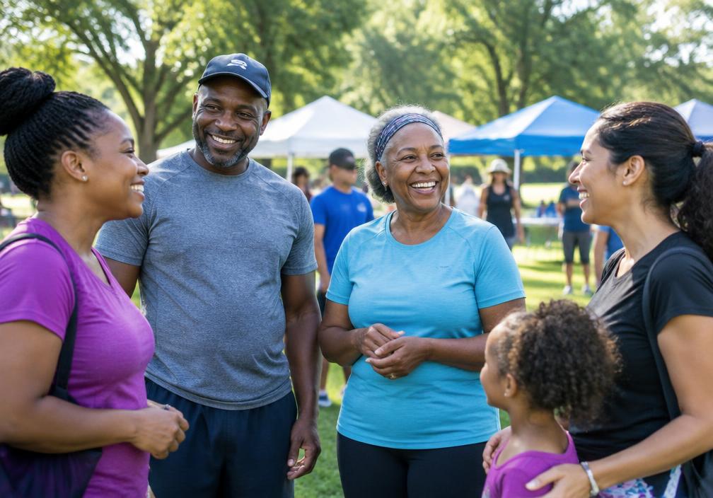 Community members smiling together at an outdoor event