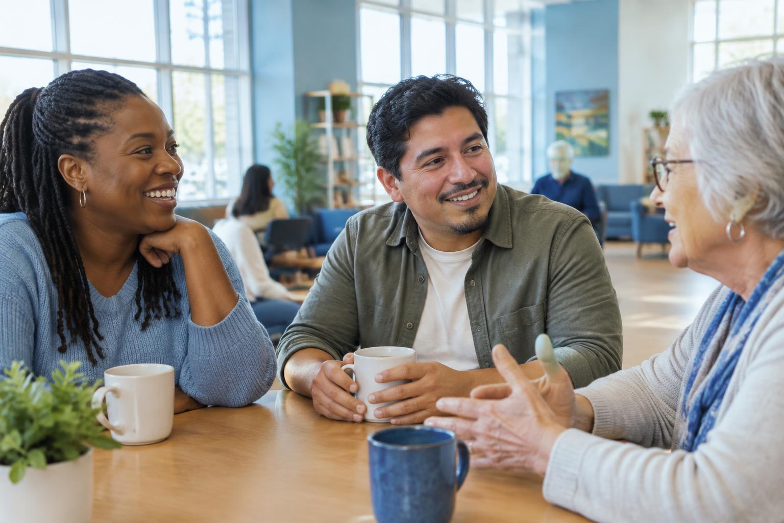 Three adults of different backgrounds sharing a warm conversation over coffee in a bright community space