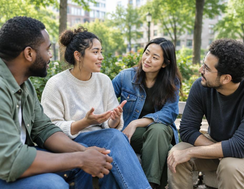 Friends listening to each other in a neighborhood park