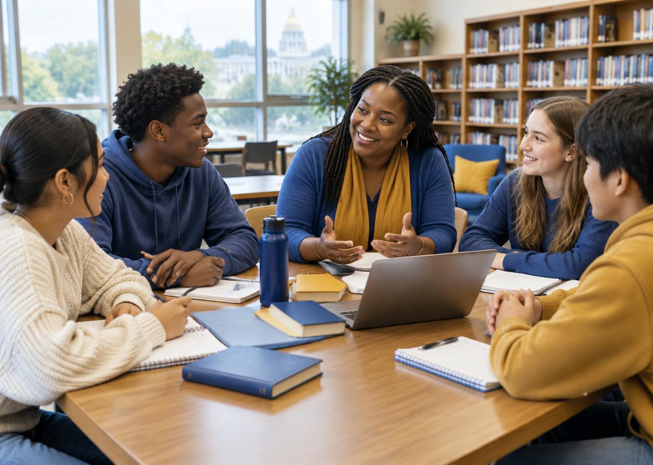 Students and an educator in a group learning conversation