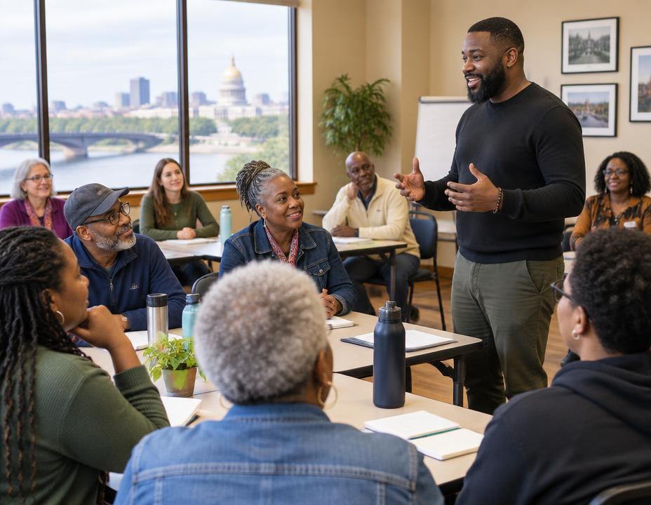 Community members listening during a group discussion